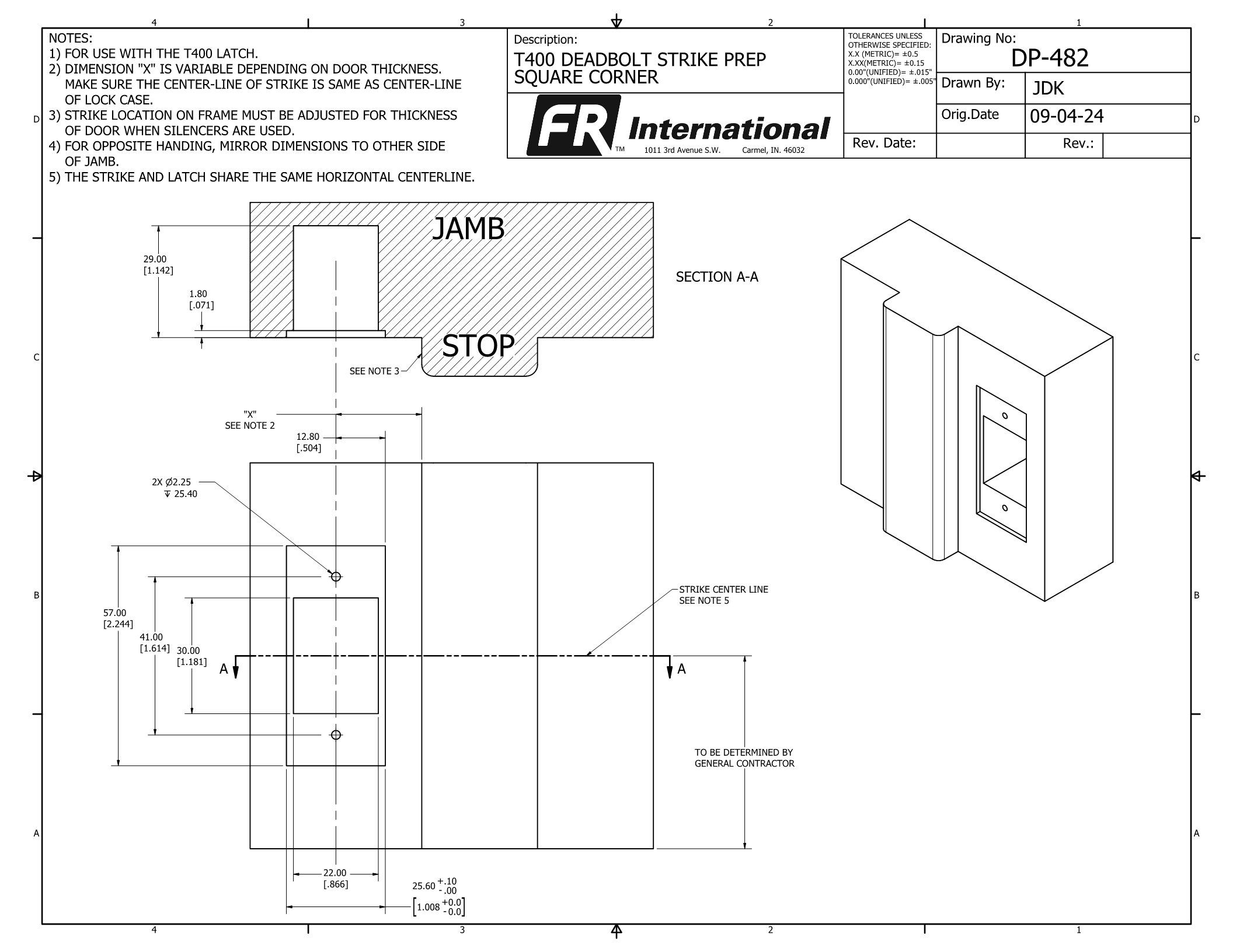 DP-462 T400 Tubular Door Prep, ANSI 161, SQUARE CORNER