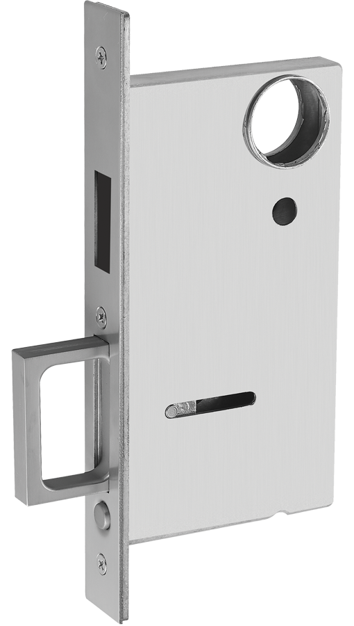 Frascio’s SL6 Series sliding door lock and trim is ideal for sliding pocket door applications, where space saving recessed trim is required and a retractable flush edge pull provides convenient access to extend the door leaf from the pocket.